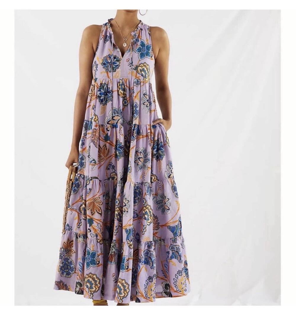 Anthropologie Diaz Tiered Maxi Dress Womens Small Purple Floral Sleeveless Boho